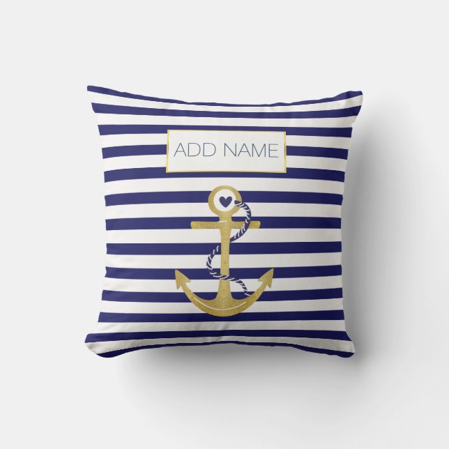 Gold foil anchor striped pattern trendy nautical cushion (Front)