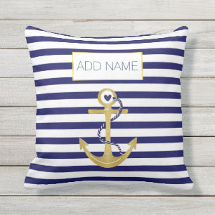 Gold foil anchor striped pattern trendy nautical cushion