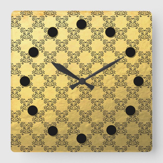 Gold Foil and Black Brocade Pattern Wall Clock (Front)
