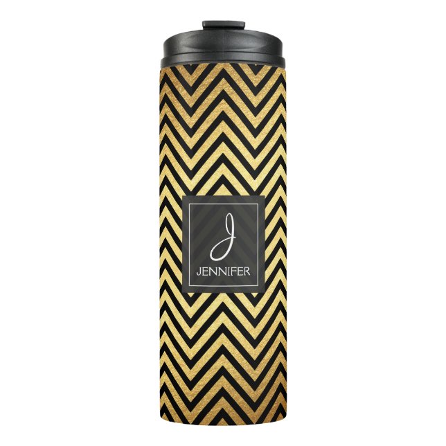 Gold Foil and Black Chevron Pattern Monogram Thermal Tumbler (Front)