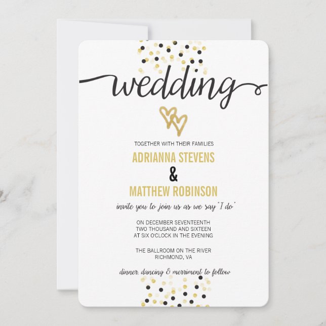 Gold Foil and Black Confetti Dots Wedding Invite (Front)