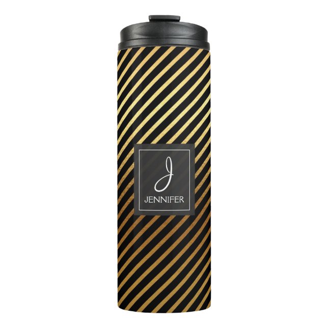 Gold Foil and Black Striped Pattern Monogram Thermal Tumbler (Front)