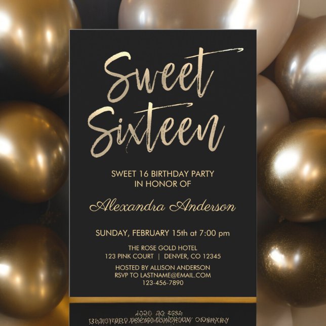 Gold Foil and Black Sweet Sixteen Birthday Invitation (Creator Uploaded)
