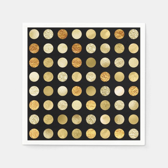 Gold Foil and Glitter Polka Dots Black Napkin (Front)