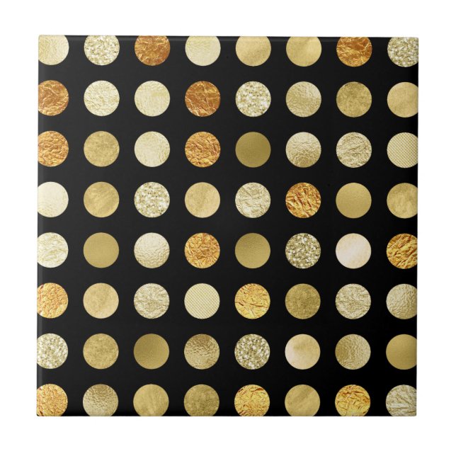 Gold Foil and Glitter Polka Dots Black Tile (Front)