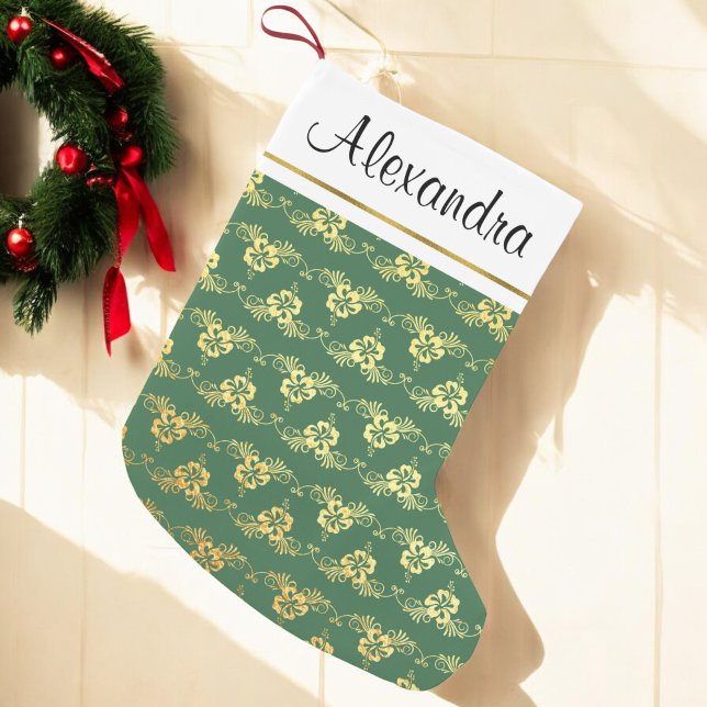 Gold Foil and Green Hawaiian Tropical Flowers Small Christmas Stocking (Creator Uploaded)