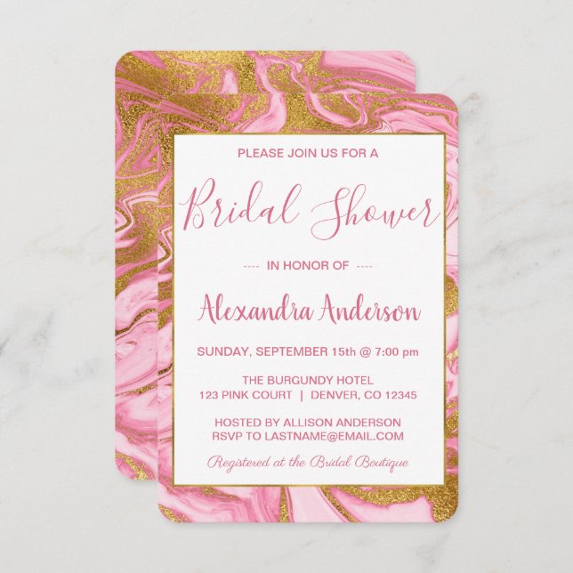 Gold Foil and Hot Pink Marble Bridal Shower Invitation (Front/Back)