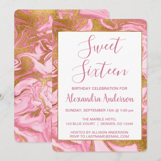 Gold Foil and Hot Pink Marble Sweet 16 Birthday Invitation (Front/Back)