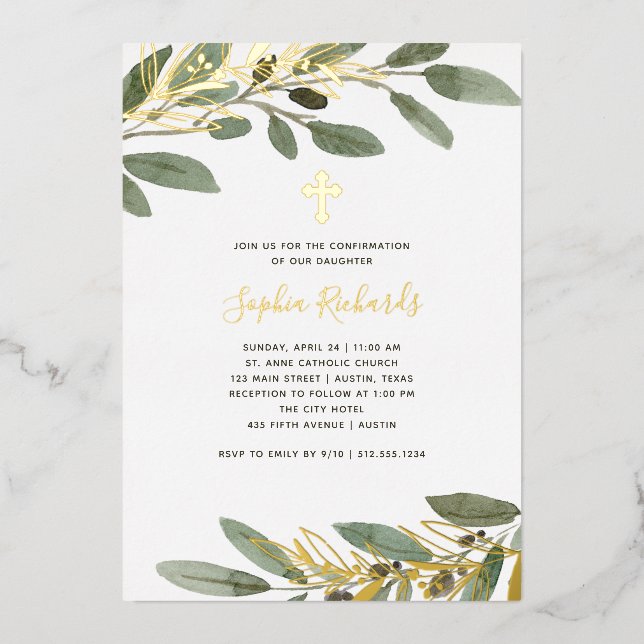Gold Foil and Olive Leaves Confirmation (Front)
