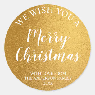 Gold Foil and White Script Merry Christmas Classic Round Sticker
