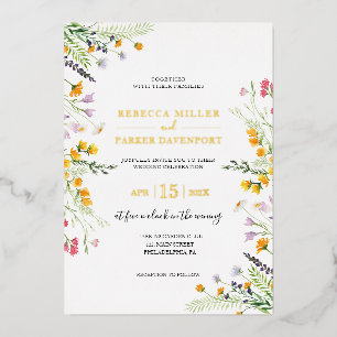 Gold foil anf wildflowers wedding invitation