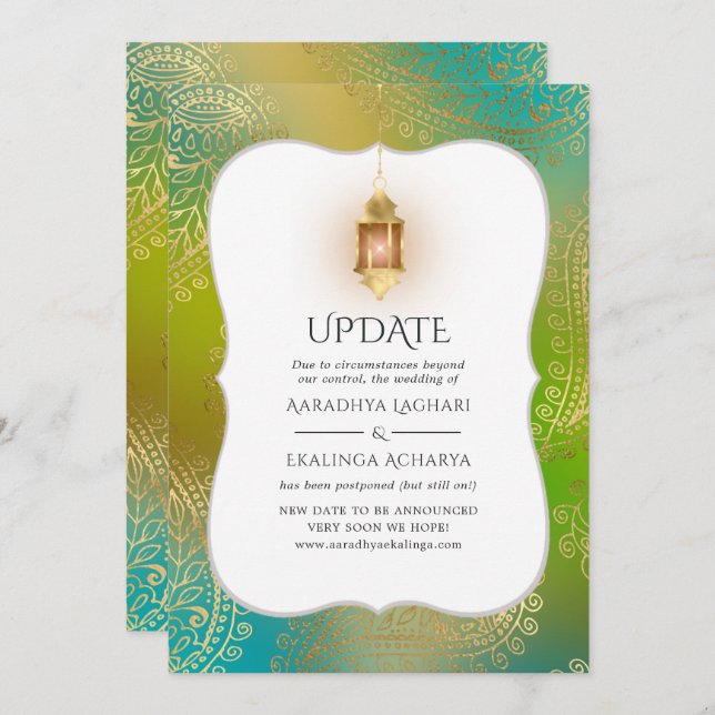 Gold Foil Arabian Bollywood Wedding Update Invitation (Front/Back)