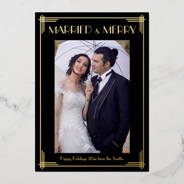 Gold Foil Art Deco Married & Merry Christmas Card (Front)
