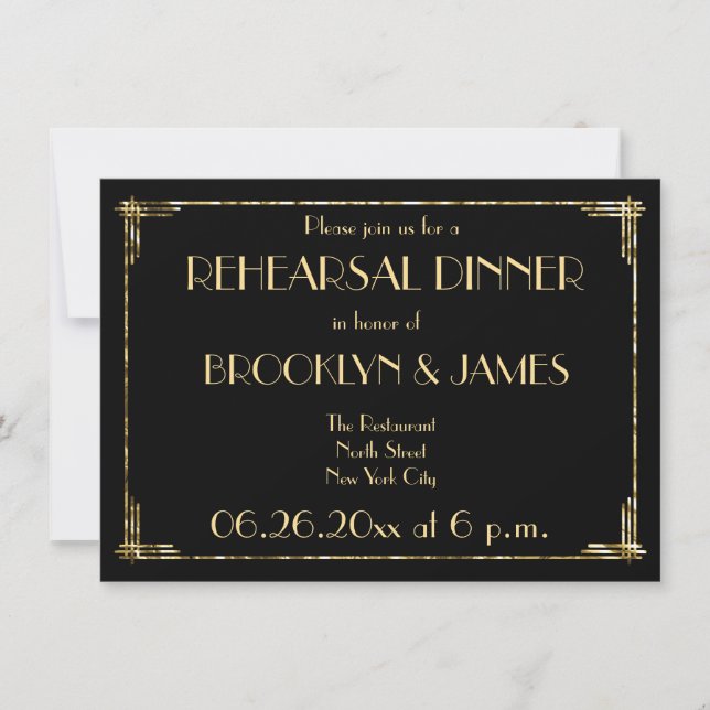 Gold Foil Art Deco Wedding Rehearsal Invites Black (Front)