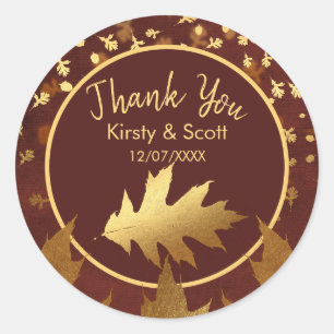 Gold Foil Autumn Fall Leaves Wedding Favour Classic Round Sticker