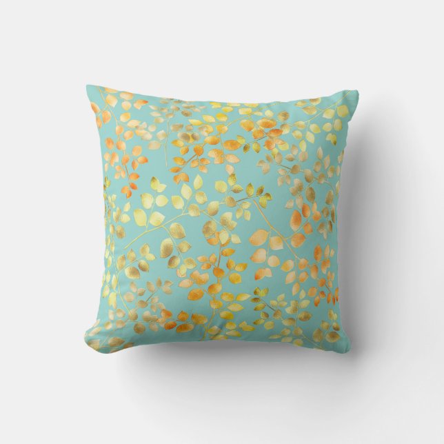 Gold Foil Autumn Fall Orange Brown Green Leaves Cushion (Front)