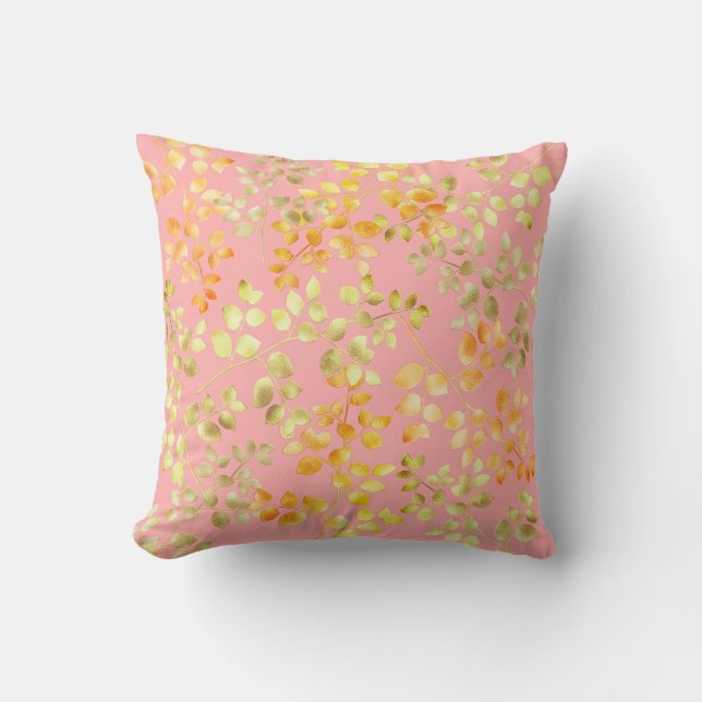 Gold Foil Autumn Fall Orange Brown Green Leaves Cushion (Front)