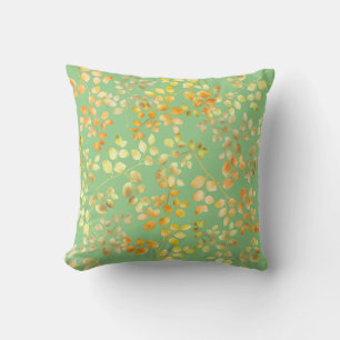 Gold Foil Autumn Fall Orange Brown Green Leaves Cushion