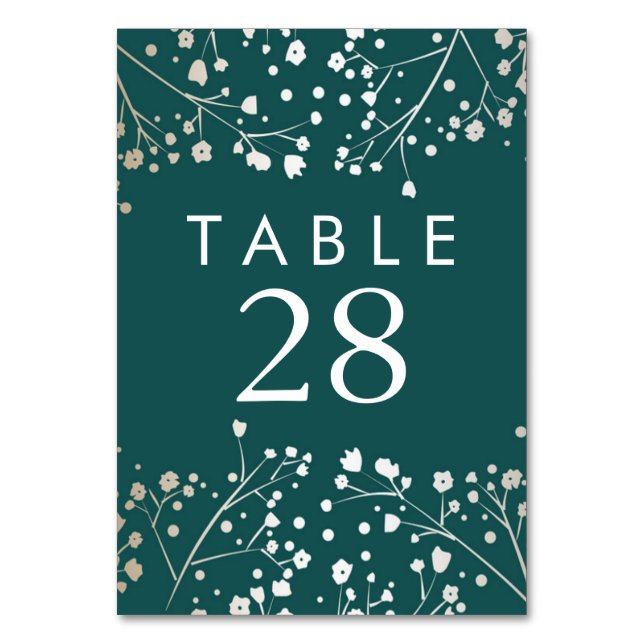 Gold Foil Baby's Breath Teal Wedding Table Numbers (Front)