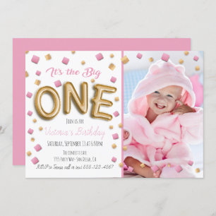 Gold Foil Ballon 1st Birthday Photo Invitation