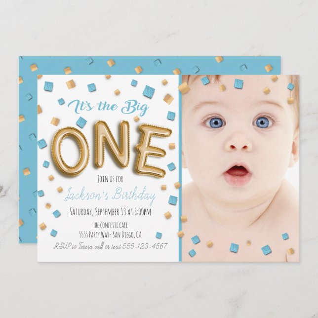 Gold Foil Ballon 1st Birthday Photo Invitation (Front/Back)