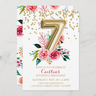 Gold Foil Balloon 7th Birthday Floral Wild Flowers Invitation