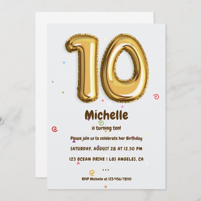 Gold Foil Balloon and Confetti 10th Birthday Party Invitation (Front/Back)