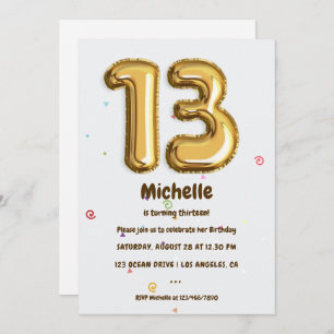 Gold Foil Balloon and Confetti 13th Birthday Party Invitation