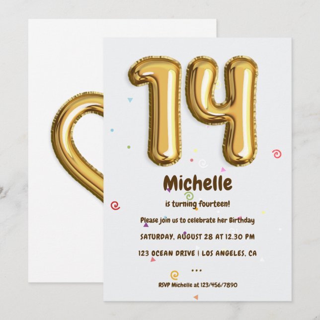 Gold Foil Balloon and Confetti 14th Birthday Party Invitation (Front/Back)