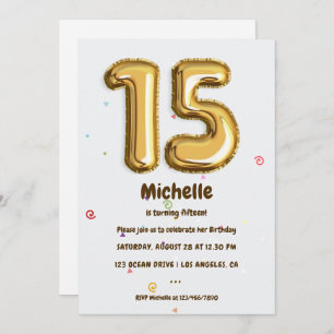 Gold Foil Balloon and Confetti 15th Birthday Party Invitation