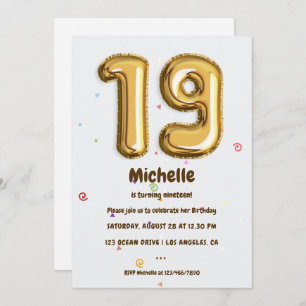 Gold Foil Balloon and Confetti 19th Birthday Party Invitation