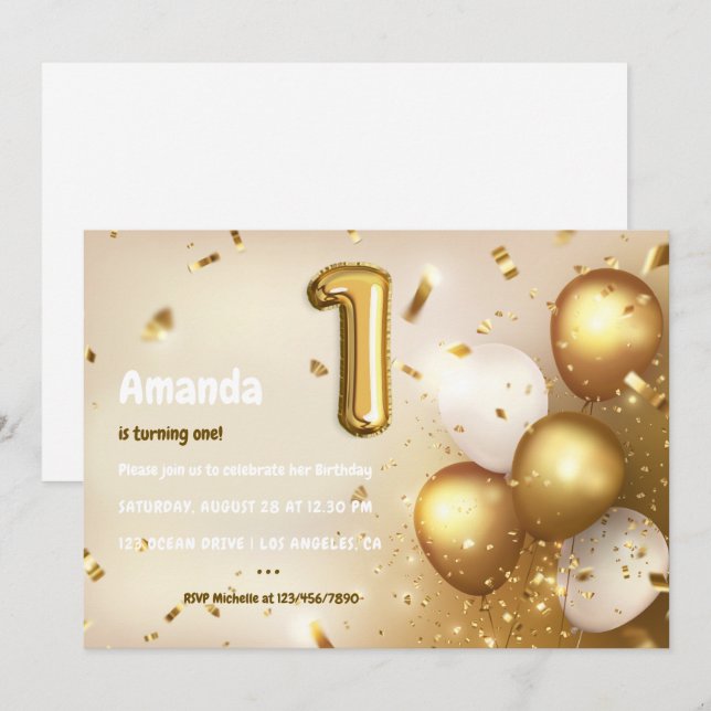 Gold Foil Balloon and Confetti 1st Birthday Invita Invitation (Front/Back)