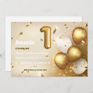 Gold Foil Balloon and Confetti 1st Birthday Invita Invitation