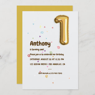 Gold Foil Balloon and Confetti 1st Birthday Invitation
