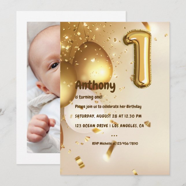 Gold Foil Balloon and Confetti 1st Birthday Invitation (Front/Back)