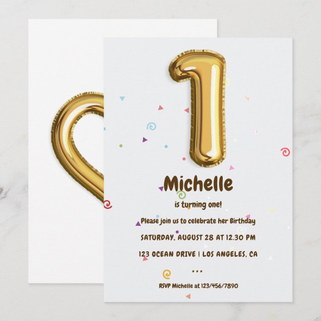 Gold Foil Balloon and Confetti 1st Birthday Party Invitation (Front/Back)
