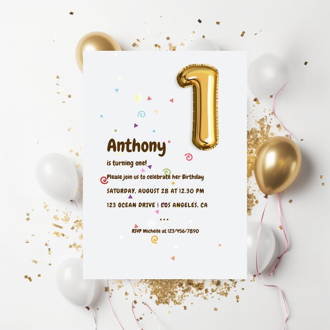 Gold Foil Balloon and Confetti 1st Birthday Photo Invitation (Creator Uploaded)