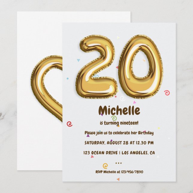 Gold Foil Balloon and Confetti 20th Birthday Party Invitation (Front/Back)
