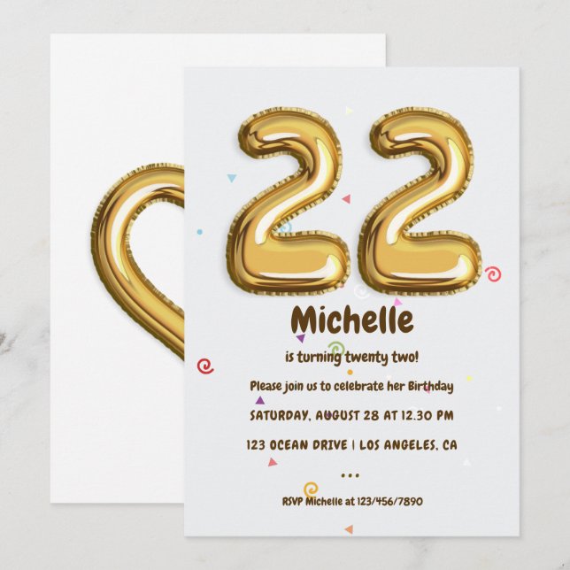 Gold Foil Balloon and Confetti 22nd Birthday Party Invitation (Front/Back)