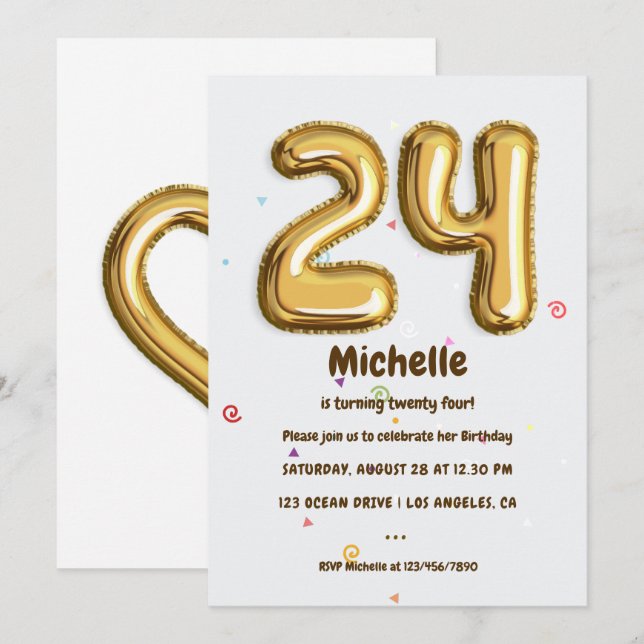 Gold Foil Balloon and Confetti 24th Birthday Party Invitation (Front/Back)