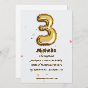 Gold Foil Balloon and Confetti 3rd Birthday Party Invitation