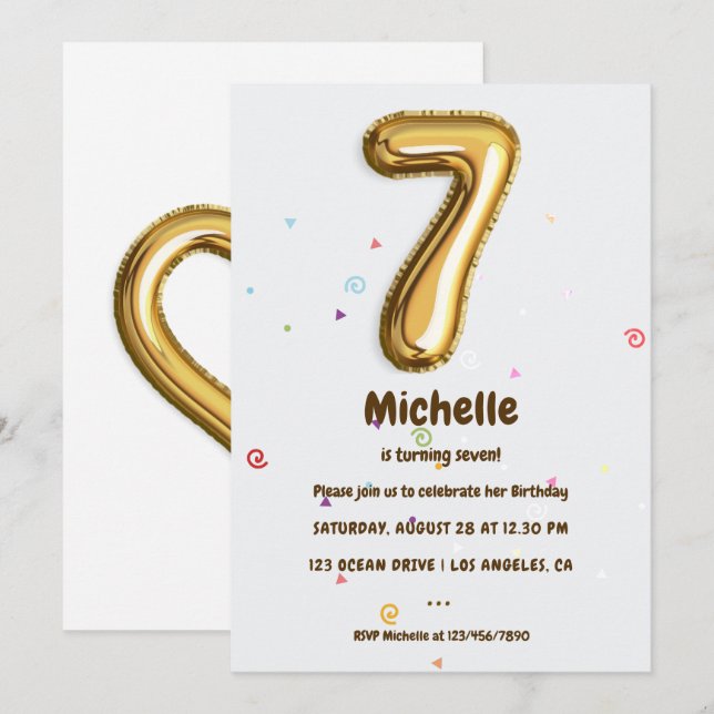 Gold Foil Balloon and Confetti 7th Birthday Party Invitation (Front/Back)