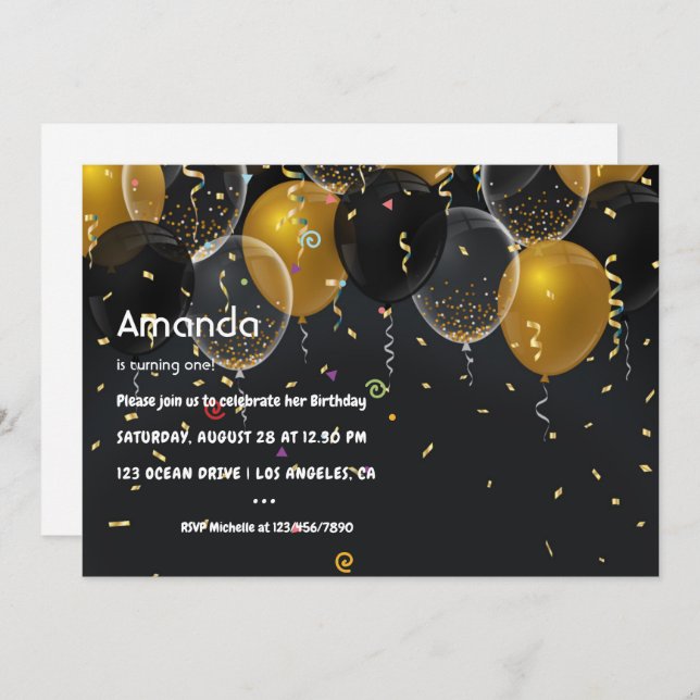 Gold Foil Balloon and Confetti Birthday Invitation (Front/Back)
