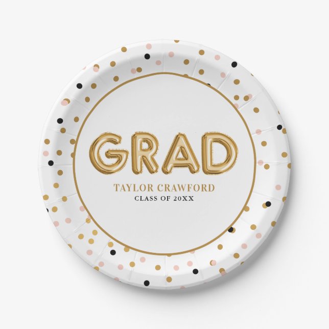 Gold Foil Balloon | Confetti Dots Graduation Paper Plate (Front)