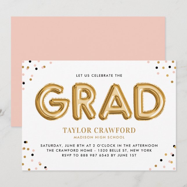 Gold Foil Balloon Confetti Dots Graduation Party Invitation (Front/Back)