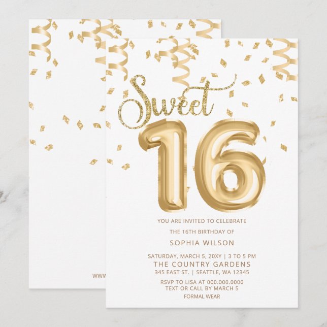  Gold Foil Balloon Sweet 16 Birthday Invitation (Front/Back)