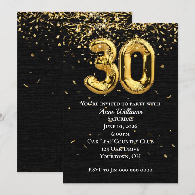Gold Foil Balloons 30th Birthday Party Invitation (Front/Back)