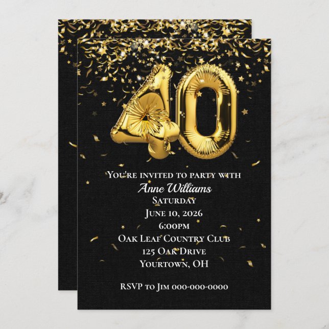 Gold Foil Balloons 40th Birthday Party Invitation (Front/Back)
