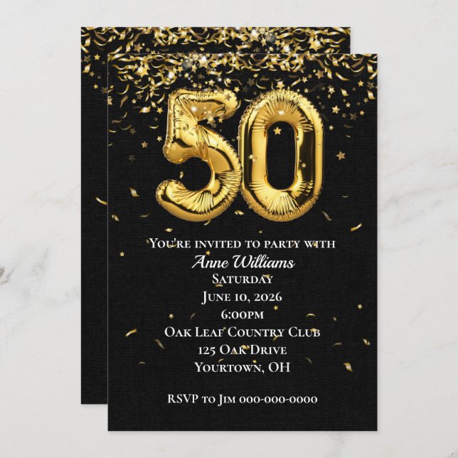 Gold Foil Balloons 50th Birthday Party Invitation (Front/Back)