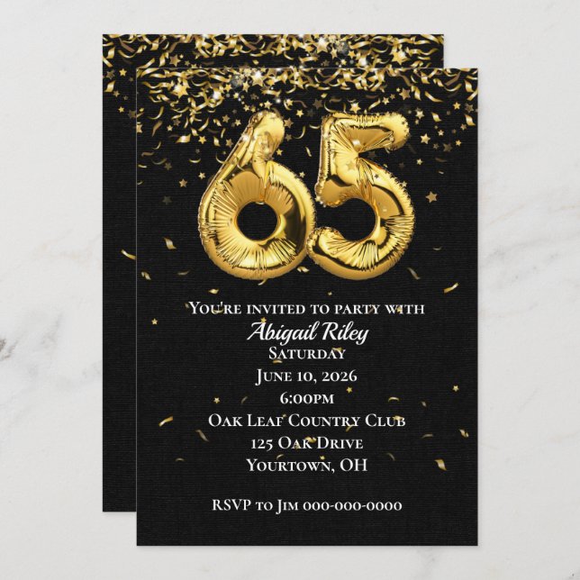 Gold Foil Balloons 65th Birthday Party Invitation (Front/Back)